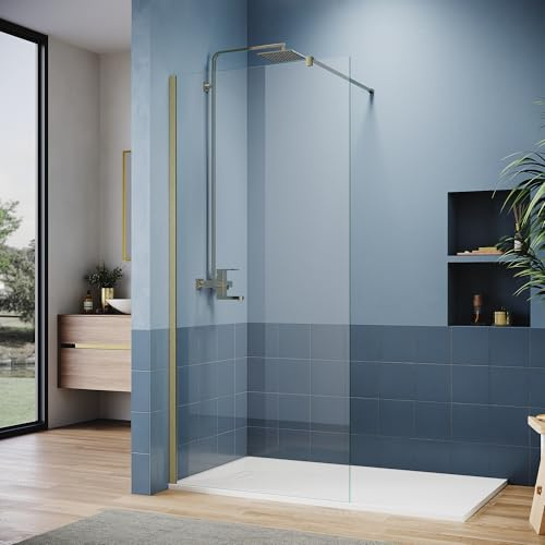 ZANOFIRA 1000mm Gold Walk in Shower Screen 8mm Toughened Safety Glass with Easy Clean Nano Coating Wet Room Shower Panel with Aluminium Profile & Support Bar Reversibl
