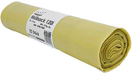 BAMI 250 Stück Müllbeutel Müllsack Abfallsack 120 Liter 70 x 110 cm, LDPE Typ60-36µ (á Rolle 1275g) EXTRA STARK - gelb