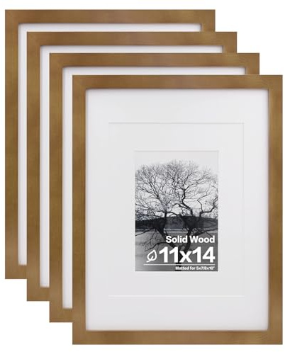Egofine 11x14 Picture Frames 4 Pack Display Pictures 5x7/8x10 with Mat or 11x14 Without Mat Made of Solid Wood Covered by Plexiglass for Table Top Display and Wall Mounting Photo Frame, Light Brown