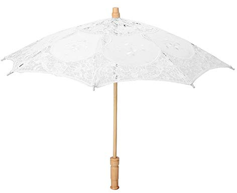 Nikou Hochzeits Brautschirm, Handgemachte Spitze Blumen Stickerei Parasol Regenschirm Spitze Braut für Braut Cotton Fashion Holzgriff Dekoration Regenschirm (Farbe : Weiß L)