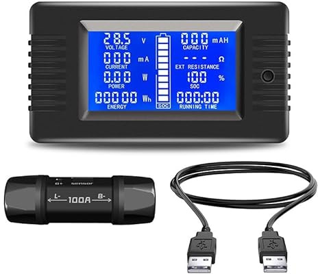 DollaTek LCD Display DC Batteriemonitor Meter 0-200V Voltmeter Amperemeter für Autos RV Solar System