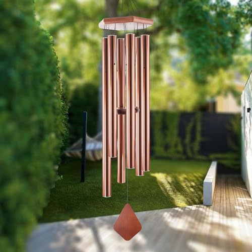 Große Outdoor-Windspiele, tiefer Ton, 111,8 cm, Trost spendendes Windspiel, gestimmte beruhigende Melodie, Gedenk-Windspiel mit 6 schweren Röhren für Außendekoration, Garten/Hof Kupfer.