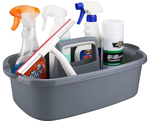 Cleaning Supplies Caddy, Household Tools Organizer with Handle, Large Plastic Bucket, Portable Shower Basket Tote, Gray