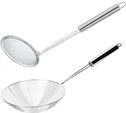 Schaumkelle Edelstahl, 2 Stücke Siebkelle, Feines Sieb Schaumlöffel, Abseihlöffel, Edelstahl Löffel Filter Set, spinnensieb frittierkelle, für Küche, Filter Skims Fat Scum, Skimming Fett Schaum