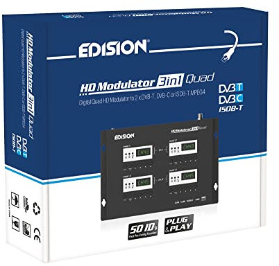 EDISION HDMI Modulateur 3in1 Quad - RF 4xHDMI Vers Terrestre DVB-T, ISDB-T ou Câble DVB-C MPEG4 - 3 Signaux de Modulation Sélectionnables - Distribution Full HD Sur Câble Coaxial