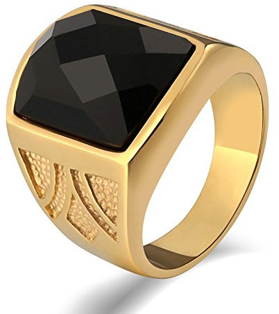 Gualiy Edelstahl Ring für Herren, Gold Ring Hip Hop Totem Quadrat Schwarz Zirconia Gold Ring Größe 65 (20.7)