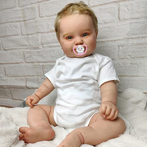 MineeQu 24 Zoll 60CM Lebensecht Lächelnd Soft Touch Kuschelig Körper Reborn Baby Puppen Geschenk Set mit Rooted Blond Hair Realistisch Neugeborene Kleinkind Dolls Schauen Sie Real in grünen Augen
