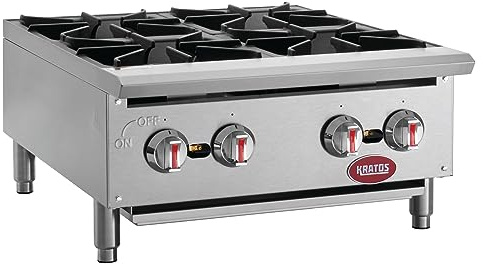 Kratos 29Y-071 24 Wide 4-Burner Commercial Hot Plate, Natural Gas Countertop Stove for Restaurants, 100,000 Total BTU
