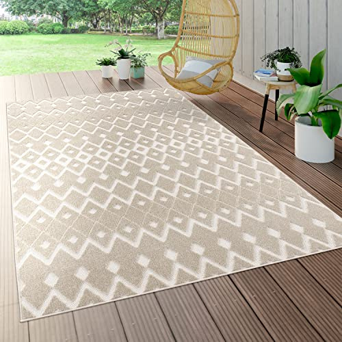 Paco Home Da interni e esterni, da terrazza e balcone, anti-intemperie, geometrico moderno, Dimensione:Ø 120 cm tondo, Colore:Beige 6