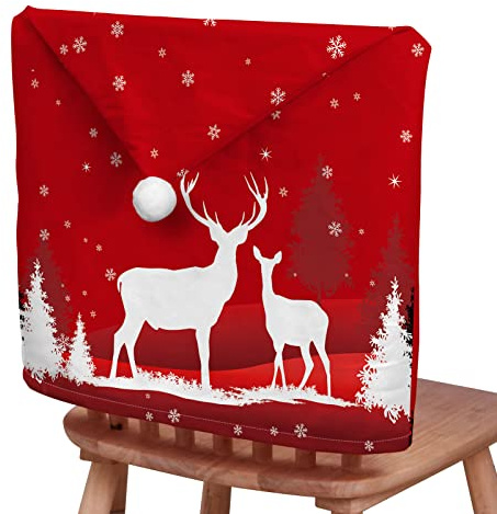 Chickwin Stuhlhussen Weihnachten 2/4/6/8er Set, Schneeflocke Weihnachts Stuhl-Rückenabdeckung Rot Weihnachtsstuhlbezüge Stuhl Bezüge für Weihnachten Deko, Zuhause, Küche (4 er Set,Rentier)