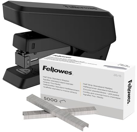Fellowes Jam Free Stapler, 25 Sheet Capacity - LX840 Easy-Press Half Strip Antibacterial Manual Stapler – Uses Both 24/6mm and 26/6mm Staples – Includes a Box of 5000 26/6mm Half Strip Staples