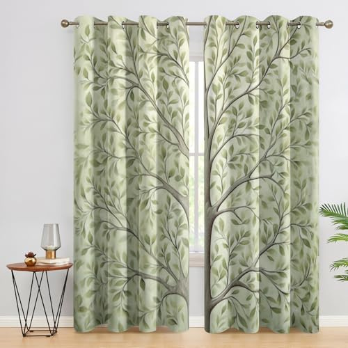 SZLYZM Vorhänge Baum des Lebens - Vorhang Blickdicht 3D Grüne Blätter Muster, Thermovorhang für Deko Wohnzimmer Schlafzimmer, Verdunkelungsvorhang 2er Set, Gardinen mit Ösen 160x132 cm (H X B)