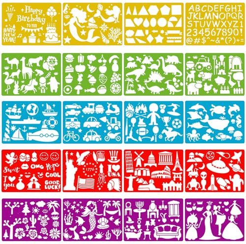 Qpout 20pcs Farbzeichnungsschablone für Kinder, 300+ Muster Buchstaben Tiere Dinosaurier Malerei Malvorlage für Geburtsta Templategsfeier Kleinkinder Vorschul Malwerkzeug Painting Coloring Template