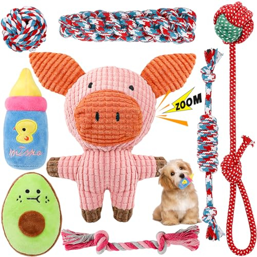 RIO Direct Squeaky Plush Dog Rope Toys Set, 8 Pack Puppy Chew Toys for Teething Training, Cute Interactive Tug Rope Toys for Small and Medium Dogs, Washable, Natural Cotton & Non Toxic