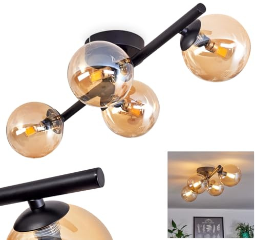 HOFSTEIN Deckenleuchte Chehalis, 4-flammige Deckenlampe aus Metall/Glas in Schwarz/Bernsteinfarben, Leuchte im RetroVintage-Design, Ø Schirme 10 cm, G9, Esszimmer, Schlafzimmer, Wohnzimmer, Küche
