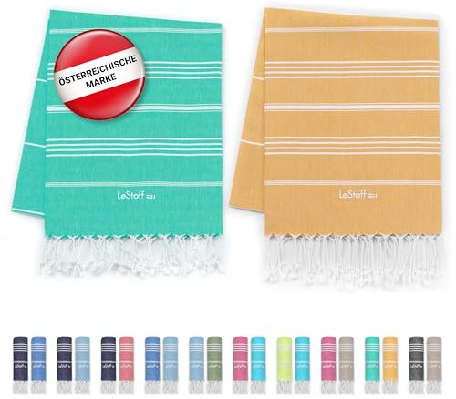 LeStoff 2er-Set Hamamtuch 95 x 180 cm - 100% Bio-Baumwolle, Vorgewaschen, Nachhaltig, Saugstark & Schnelltrocknend, Reisehandtuch, Campinghandtuch, Badetuch, Saunatuch, Strandtuch (Turquoise + Yellow)