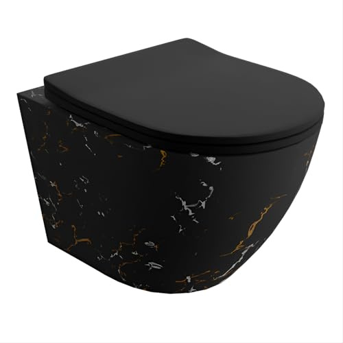LAVITA Wand-WC Sofi Slim Fire Hänge Toilette WC Sitz Toilettendeckel mit Absenkautomatik & Metallscharniere Toiletten Spülrandlos Hängend Toilettenbecken 365x490x395 mm Schwarz