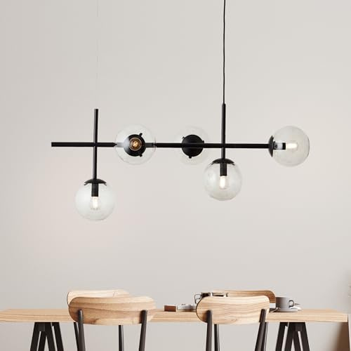 Lightbox Hängelampe - 93 cm Breite - elegante Pendelleuchte - für das Esszimmer mit Rauchglas Schirm & kürzbarem Kabel - 5 x E14, max. 25 W - aus Metall/Glas - in Schwarz/Rauchglasfarben