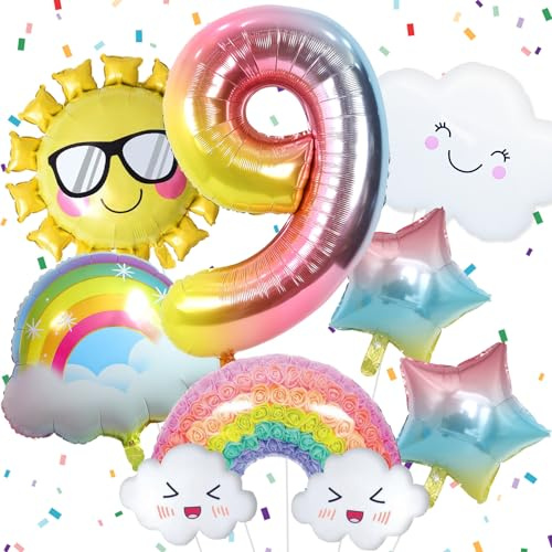 9 Jahre Regenbogen Geburtstag Deko für Mädchen, Regenbogen Folienballon 9, Regenbogen Geburtstagsdeko mit Regenbogen Sonne Folie Luftballon Regenbogen Sterne Ballons für 9. Geburtstag Mädchen Deko