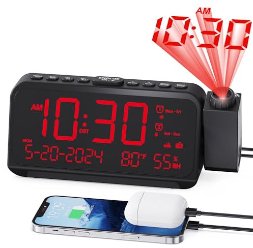 Roxicosly Projector Clocks Radio, Dual Loud Alarm Clock with Projection on Ceiling, 5-Level Dimmer, 7 Volumes, 2 Night Light, USB & Type C Port, Snooze, Temperature, Humidity, Date