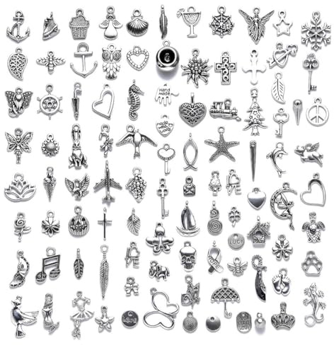 ZAMXHUG Charms Anhänger zum Schmuck - 100 pcs metall Gemischte Charms zum Basteln，Armbänd Ketten Ohrringe Selber Machen, Gemischte Vintage Aesthetic Accessoires Halskette Making Zubehör Silber