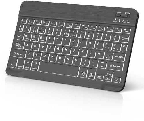 Teclado Bluetooth para Tablet Español Ñ, Ultra-Delgado Inalámbrico Teclado, Delgado y Ligero Retroiluminado Keyboard para iPad, Android Samsung Tablet, Xiaomi Pad, Huawei, Lenovo Teblet, Negro