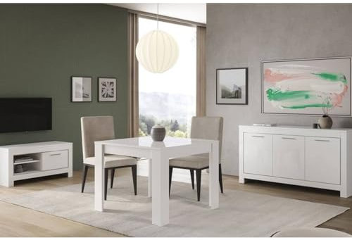 AltoBuy Denae - Ensemble Salon Séjour Laqué Blanc Brillant Meuble TV + Buffet 3 Portes + Table 100cm