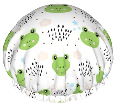 Wiederverwendbare Duschhaube für Damen, Cartoon-Frosch-Badehaube, doppellagig, wasserdicht, Dusch-Haarschutz, verstellbares Gummiband, Duschhut für Home-Spa-Salon, Badehauben