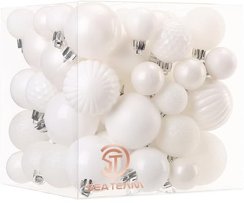 Sea Team 70er-Pack Weihnachtskugeln mit Strings, 30mm-50mm/1,18-1,97 Baubles, Bruchsichere Kunststoff-Weihnachtsbirnen, Hängende Dekorationen für den Weihnachtsbaum, Feiertage, Hochzeit, Party.Weiß