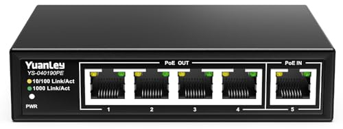 YuanLey Estensore PoE Gigabit a 5 Porte con 4 Uscite, Ingresso PoE da 90W, IEEE 802.3af/at/bt, Ripetitore Mini a 5 Canali 1000Mbps, Custodia in Metallo, 6KV, Switch Power over Ethernet