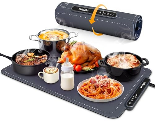 FOHERE Food Warming Mat, Fast Heating Electric Warming Tray with 3 Level Temperature, Roll-up Food-Grade Silicone Heating Pad, 3H Auto Shut-Off, Portable Food Warmer for Parties Buffet Home Travel
