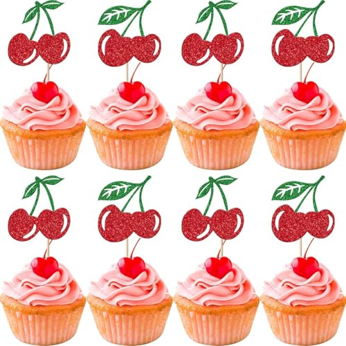 24 piezas cereza decoración para tartas con purpurina roja cereza cupcake toppers frutas cereza pastel decoración para cereza temática bebé ducha novia ducha cumpleaños fiesta pastel decoraciones