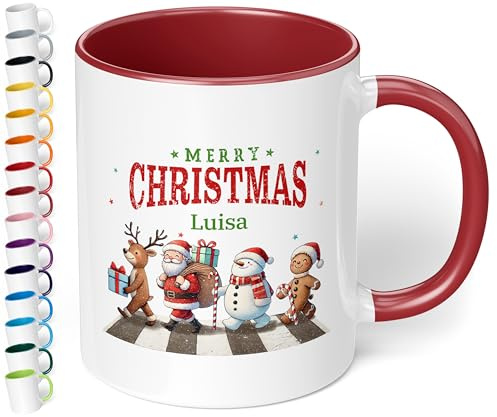 Geschenk zu Weihnachten: Tasse „Merry Christmas - Weihnachtsfiguren“ - personalisiert mit Namen - Adventszeit, Keramik, ca. 330ml, Bordeaux