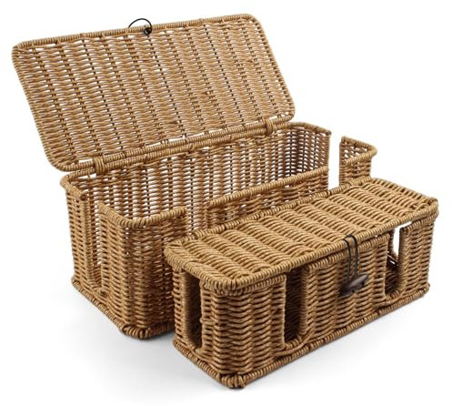 GOZOLA 2 Pack Rattan Cable Management Box, Large Cord Organizer Box with Lid Under Desk Router Hider Storage Box with 4 Exits, Wire Box Hider for TV Wires Computer Surge USB Hub & Power Strip