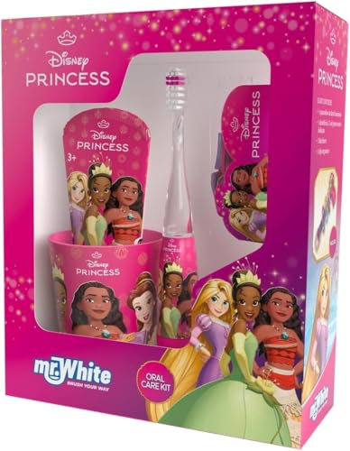 Disney Princess Kit de soins bucco-dentaires pour enfants contenant une brosse à dents clignotante alimentée par piles avec poils doux, un dentifrice menthe, un gobelet multifonction et un