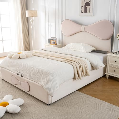 Lexiou Hydraulisch Polsterbett, Doppelbett, Verstellbares Kopfteil, Fliege gepolstertes Kopfteil, Bett mit Lattenrost aus Metallrahmen, Modernes Bettgestell mit Stauraum, Samt, Beige+Rosa, 140x200cm