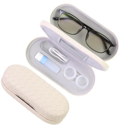 FlyingMage 2 in 1 Contact Lens Case and Eyeglasses Case for Women Men Kids, Double Sided Hard Shell Portable Glasses Travel Holder with Built-in Mirror, Contact Lens Box Storage Kit, White