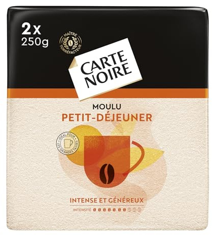 CARTE NOIRE - Moulu Petit Déjeuner - Arabica et Robusta - Intensité 7 - café long - Intense et Aromatique - 2x250g