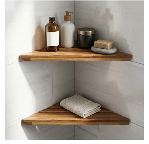 DITAVN Wooden Corner Shower Shelf Triangular Corner Shelf Wooden Bathroom Shelf for Tiled Wall, 2 Pack Shower Corner Shelf, No Drilling Requied