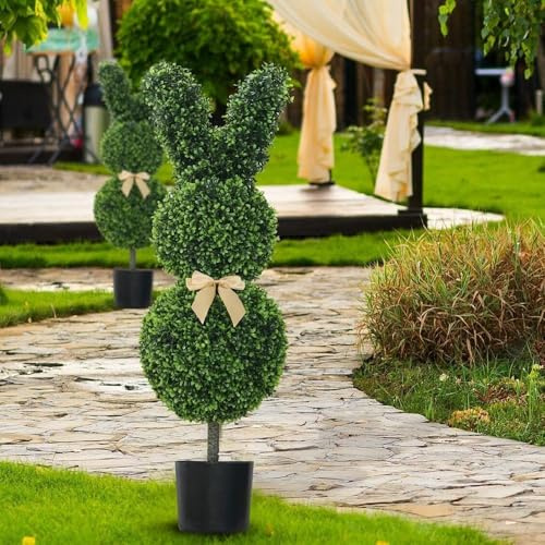 HNGKGJBL 1 Stück Hasen-Formschnittbaum im Topf, künstliche Osterhasen-Pflanze, Osterhasen-Formschnittbaum aus Buchsbaum für die Veranda, den Garten und das Haus(90CM)