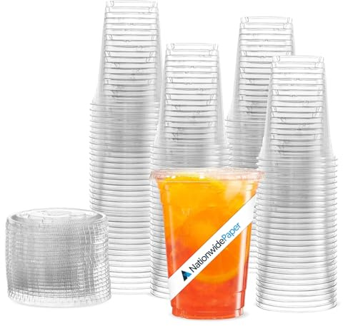 Nationwide Paper Lot de 200 gobelets à smoothie transparents avec couvercles plats, parfaits pour café glacé, milkshake, slurpee, crème glacée, razzle, slush, smoothie