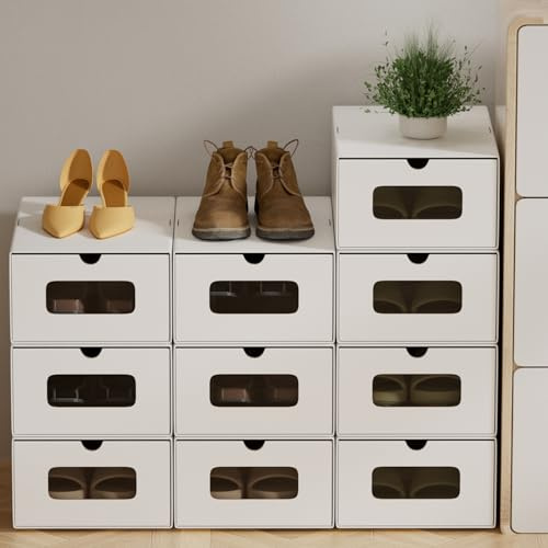 Hebitod 30x Schuhaufbewahrung REINWEISS mit Sichtfenster – Faltbare Aufbewahrungsbox 35×23×13,5 cm Stapelbar Schuhkarton Schuhbox Schublade Allzweckbox aus Pappe Kraftpapier für bis Größe 45
