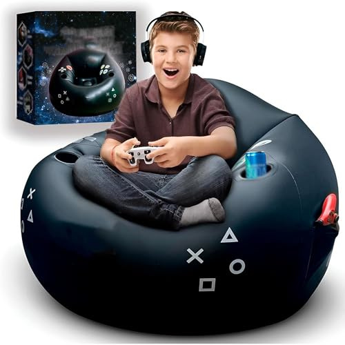 WuDLi Air aufblasbare Gaming, aufblasbare Gaming Stuhl für Kinder & Jugendliche & Teens mit Cup Holder und Seitentasche, aufblasbare Möbel für Gamer-Schwarz Gaming Time Style Sitzsack