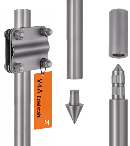 HausHeld® Tiefenerder V4A Set 1,5 m – Erdungsspieß Ø20 mm aus Edelstahl + Einschlagspitze + Kreuzerder-Klemme + Schutzadapter MECH – Erdungsstab Blitzschutz Erdungssystem PV-Anlage