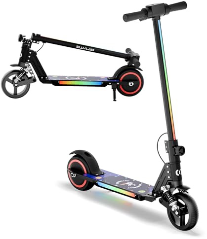 Elektrischer Kinderroller, Upgrade mit LED Front und Fußlichtern, 130W Motor, Faltbarer KinderRoller, Bluetooth Lautsprecher, 8 km Reichweite, Belastbarkeit bis 70 kg, für 3-12 Junge Mädchen (Schwarz)