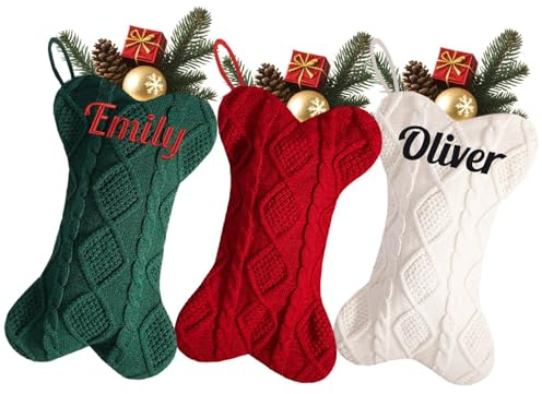 Personalisierbarer bestickter Namen, 41,5 cm, große Knochenform, gestrickte Weihnachtsstrümpfe, personalisierter bestickter Namen, Familie, Weihnachtsstrumpf für rustikale neutrale Bauernhaus-Kamine