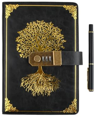 Cuaderno de cuero con Candado, 21.2*14.5cm A5 200 páginas Estilo vintage diario personal, Diario con Candado con Bolígrafo para hombre mujer, negro