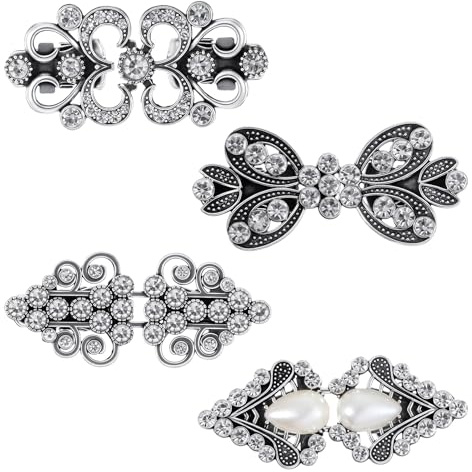 4 Pieces Silver Rhinestone Sweater Shawl Clasps, Retro Dress Shirt Brooch Clips Fasteners, Vintage Collar Cloak Brooches Cape Sew On Hooks Pins for Back Cinch, Shirt, Cardigan, Scarf