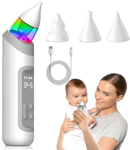 SGZIOO Mouche Bebe Electrique, Aspirateur Nasal Bebe Electrique avec 5 Puissances d'Aspiration, 3 Silicone Doux, Musique, Lumière, Rechargeable Mouche pour Tout-Petits, Nourrissons, Gris