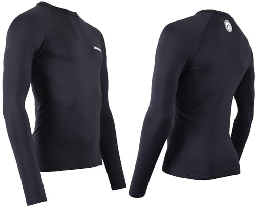 Two Bare Feet Adults Thermal Fleece Lined Rash Guard Vest - Long Sleeve UV Protection Surf Base Layer, Wetsuit Swimming Top for Surfing, Snorkelling & Watersports (Crew Neck, Black, M)